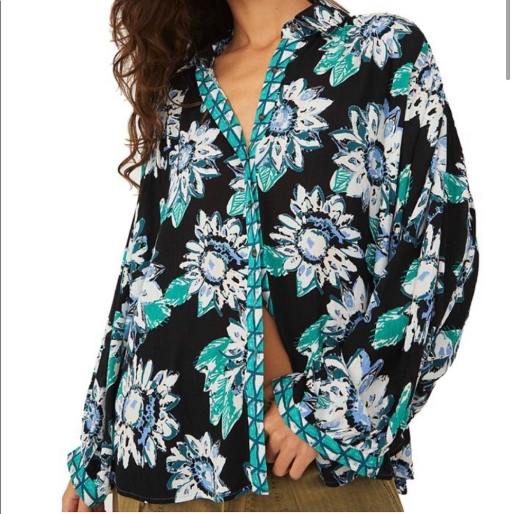 Free People Good Vibrations Blouse Floral Black Combo